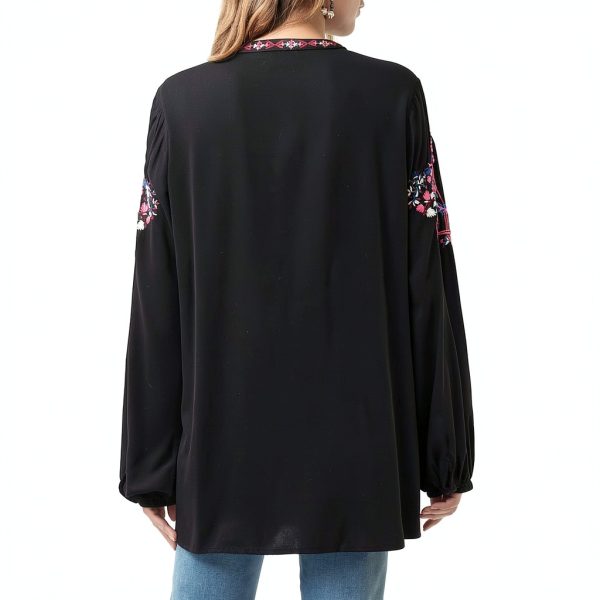 Womens Long Sleeve Shirts Embroidered Peasant Tunic Casual Loose Fit-2