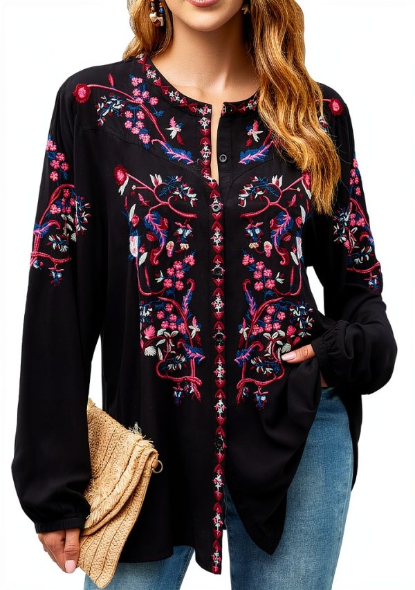 Womens Long Sleeve Shirts Embroidered Peasant Tunic Casual Loose Fit-4