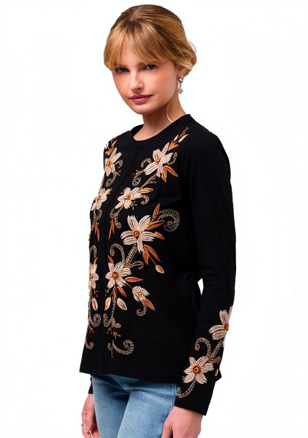 Johnny Was Raw Seam Corinthe Tee Floral Embroidered Black XX-Large-1