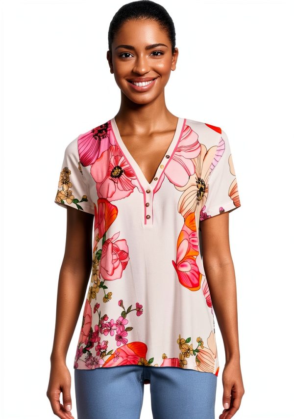 Janie Short Sleeve Henley Tee by Johnny Was Rosabelia X-Large-0