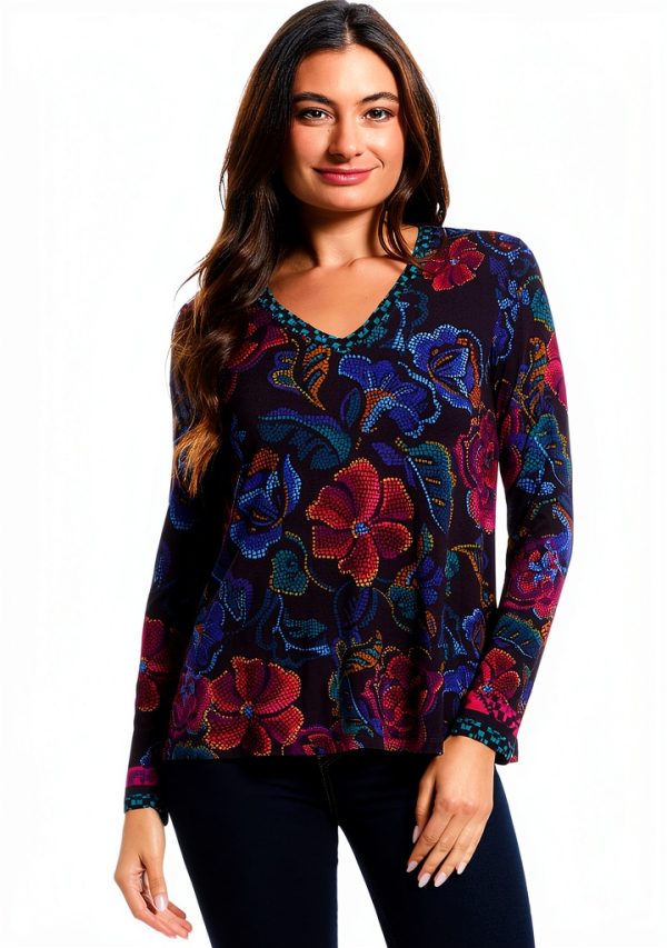 Johnny Was The Janie Favorite Long Sleeve V-Neck Swing Tee- A-0
