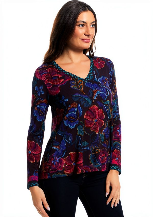 Johnny Was The Janie Favorite Long Sleeve V-Neck Swing Tee- A-1