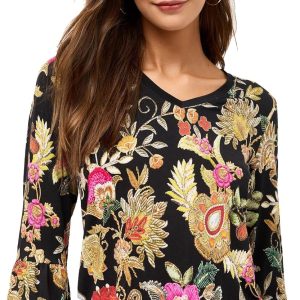 Women V Neck Flute Sleeve Tee by Johnny Was Lowri Black-0