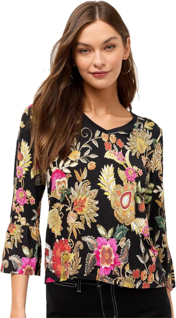 Women V Neck Flute Sleeve Tee by Johnny Was Lowri Black-0