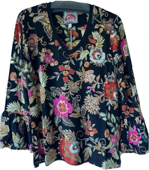 Women V Neck Flute Sleeve Tee by Johnny Was Lowri Black-5