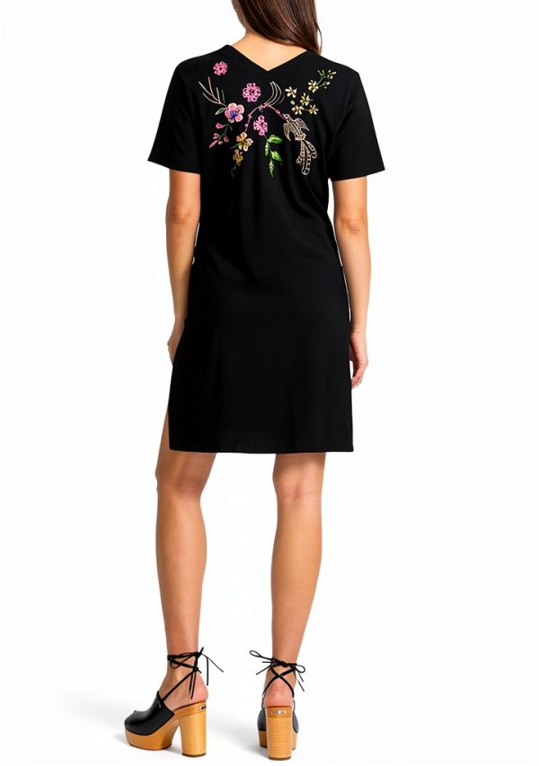 Johnny Was Button Neck Maureen Embroidered Cotton Knit Dress in Black Size X-Large-1