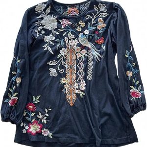 Johnny Was Ellia Black Puff Sleeve Floral Bird Embroidered Blouse-0
