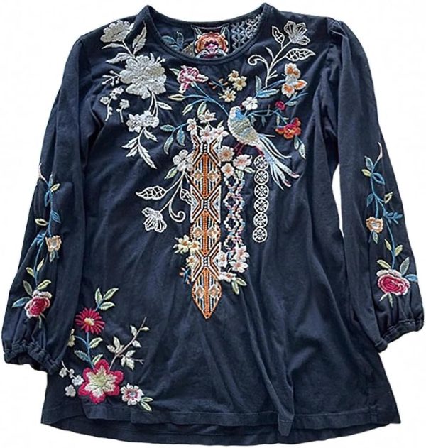 Johnny Was Ellia Black Puff Sleeve Floral Bird Embroidered Blouse-0