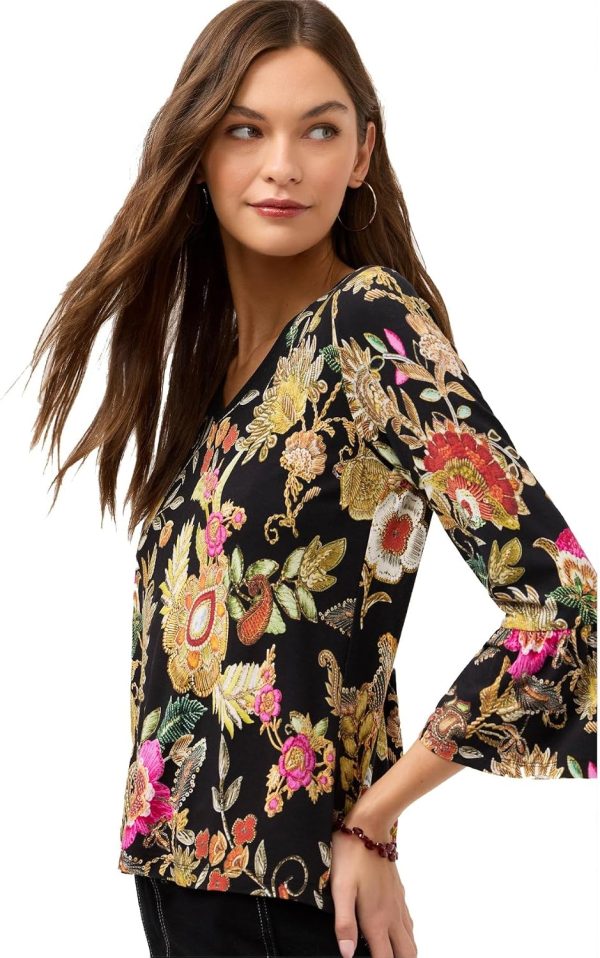 Women V Neck Flute Sleeve Tee by Johnny Was Lowri Black-1