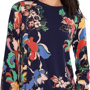Women's T-Shirt Johnny Was Janie Puff Sleeve Mock Neck Blue-0