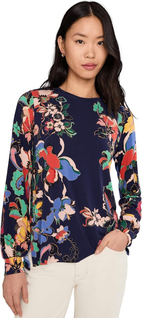 Women's T-Shirt Johnny Was Janie Puff Sleeve Mock Neck Blue-0