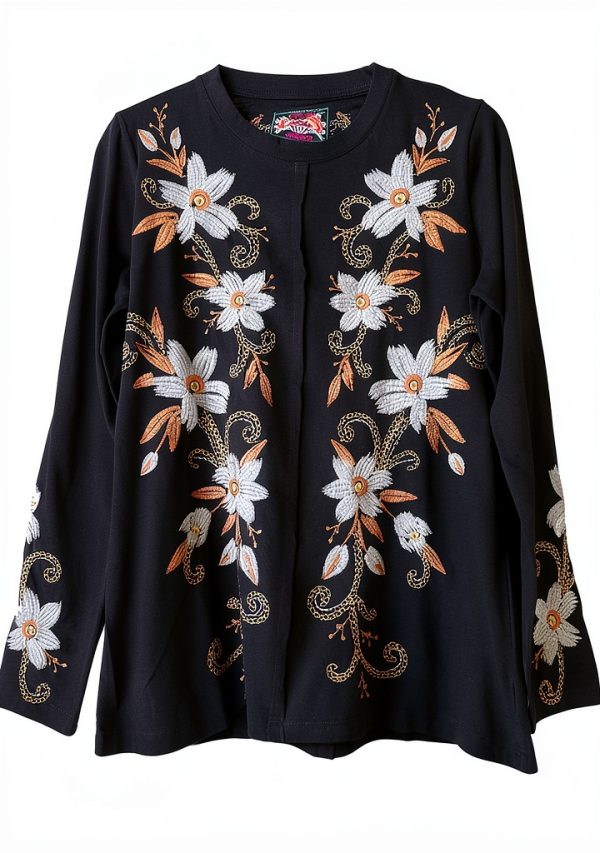 Johnny Was Raw Seam Corinthe Tee Floral Embroidered Black XX-Large-5