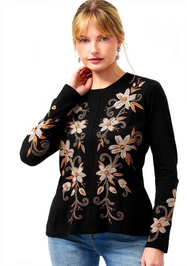 Johnny Was Raw Seam Corinthe Tee Floral Embroidered Black XX-Large-0