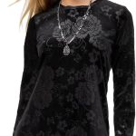 Johnny Was Embossed Stretch Velvet Black Tunic Floral Top Small XL-0