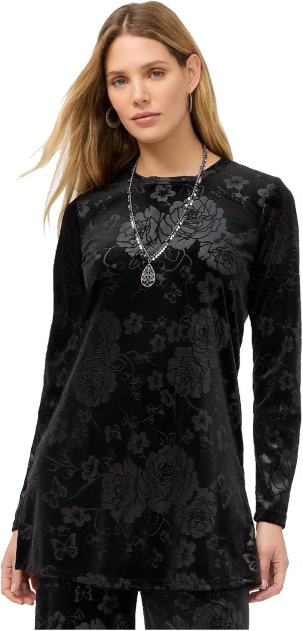 Johnny Was Embossed Stretch Velvet Black Tunic Floral Top Small XL-0