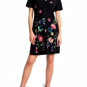 Johnny Was Button Neck Maureen Embroidered Cotton Knit Dress in Black Size X-Large-0