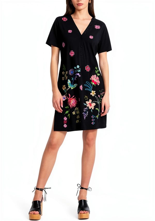 Johnny Was Button Neck Maureen Embroidered Cotton Knit Dress in Black Size X-Large-0