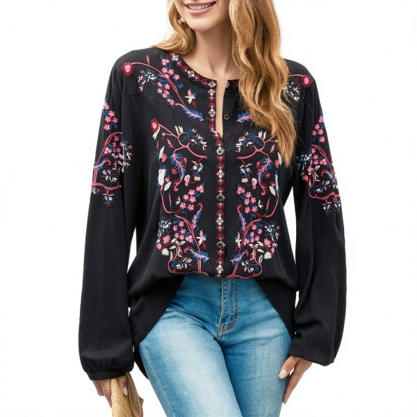 Womens Long Sleeve Shirts Embroidered Peasant Tunic Casual Loose Fit-1