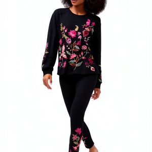 Johnny Was Penellope Legging Floral Embroidered Pants Black Large-0