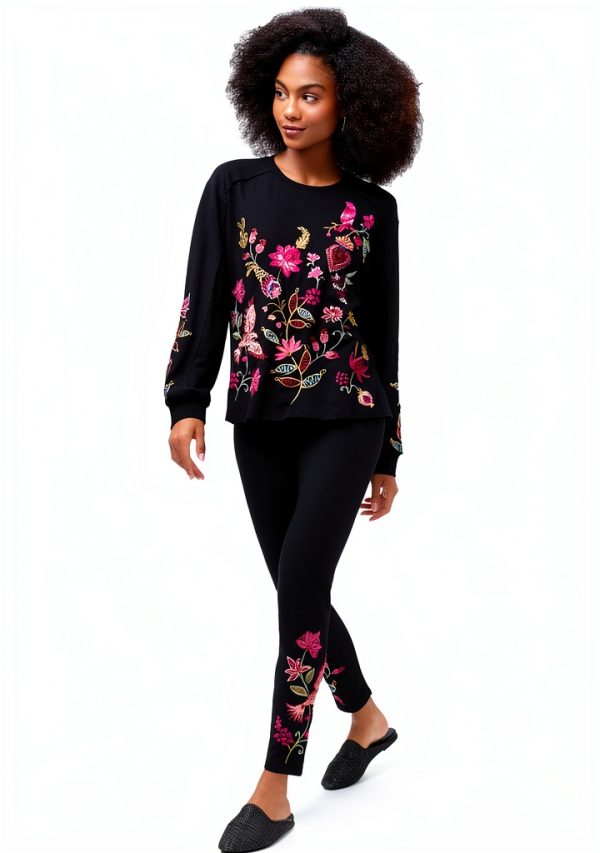 Johnny Was Penellope Legging Floral Embroidered Pants Black Large-0