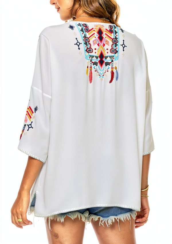LauraKlein Women Mexican Embroidered Shirt for Women Bohemian Style Top Blouse 3/4 Sleeve Summer Casual Tunics-1