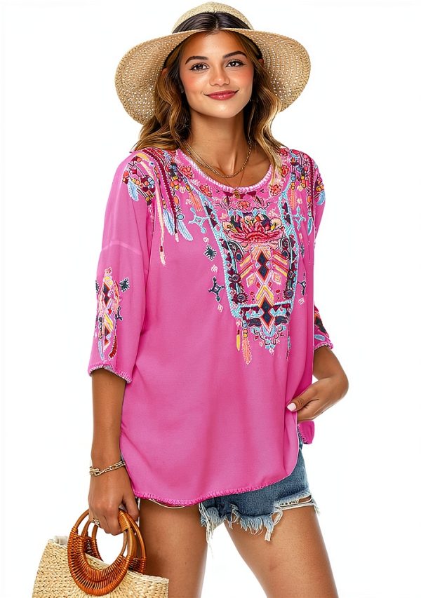LauraKlein Women Mexican Embroidered Shirt for Women Bohemian Style Top Blouse 3/4 Sleeve Summer Casual Tunics-2