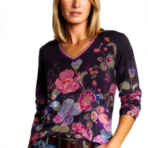 Johnny Was Janie Favorite Long Floral Tee - Purple V-Neck XL-0
