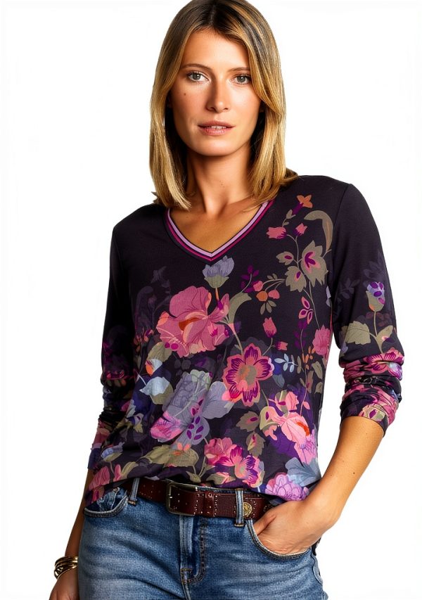 Johnny Was Janie Favorite Long Floral Tee - Purple V-Neck XL-0