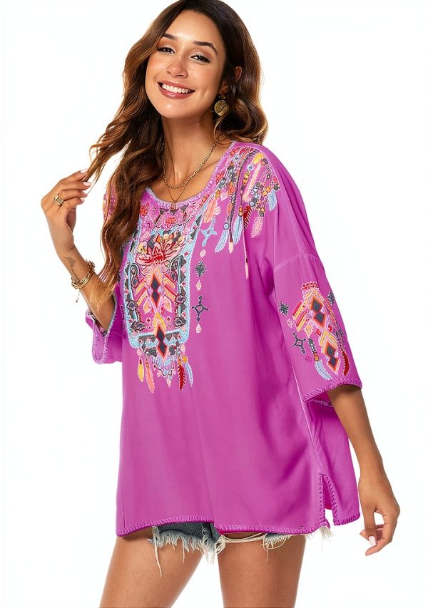 LauraKlein Women Mexican Embroidered Shirt for Women Bohemian Style Top Blouse 3/4 Sleeve Summer Casual Tunics-1