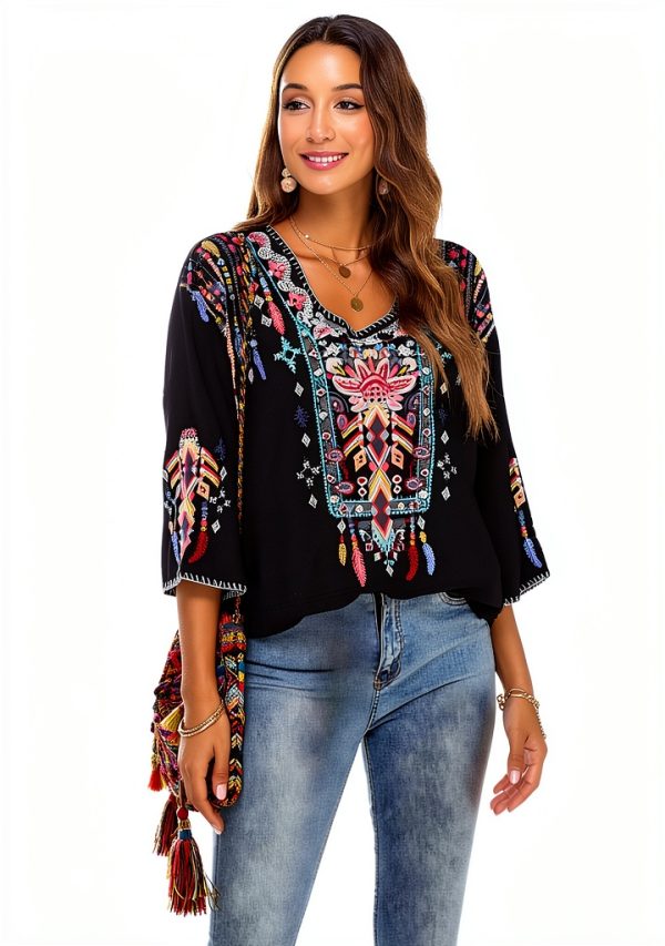 LauraKlein Women Mexican Embroidered Shirt for Women Bohemian Style Top Blouse 3/4 Sleeve Summer Casual Tunics-5