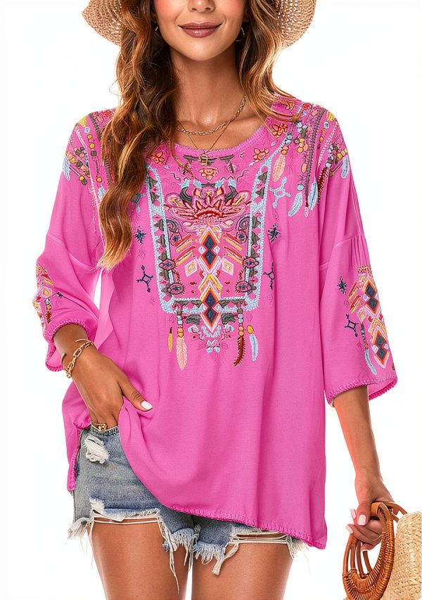 LauraKlein Women Mexican Embroidered Shirt for Women Bohemian Style Top Blouse 3/4 Sleeve Summer Casual Tunics-3