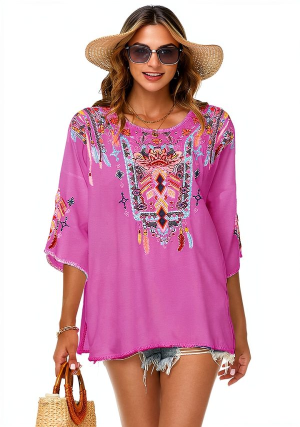 LauraKlein Women Mexican Embroidered Shirt for Women Bohemian Style Top Blouse 3/4 Sleeve Summer Casual Tunics-4