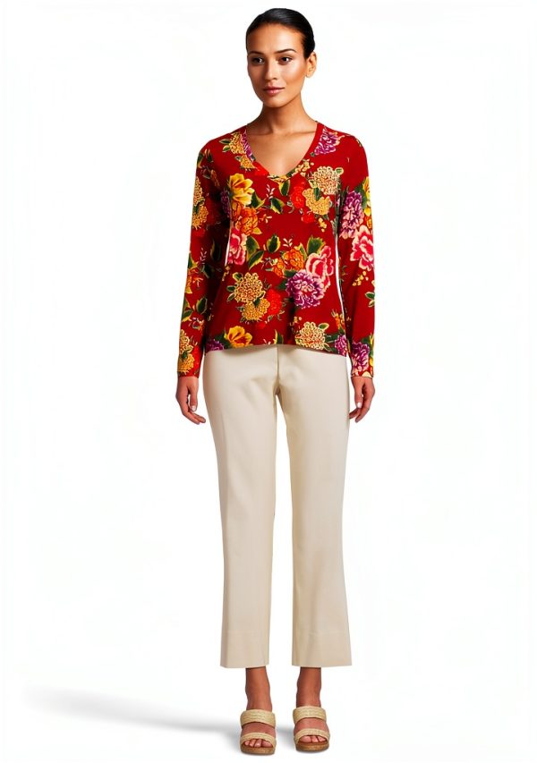 Women Long Sleeve V Neck Tee by Johnny Was Ryuu Flower X Large-4