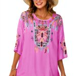LauraKlein Women Mexican Embroidered Shirt for Women Bohemian Style Top Blouse 3/4 Sleeve Summer Casual Tunics-0