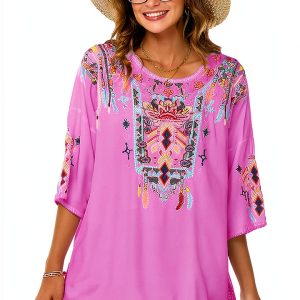 LauraKlein Women Mexican Embroidered Shirt for Women Bohemian Style Top Blouse 3/4 Sleeve Summer Casual Tunics-0