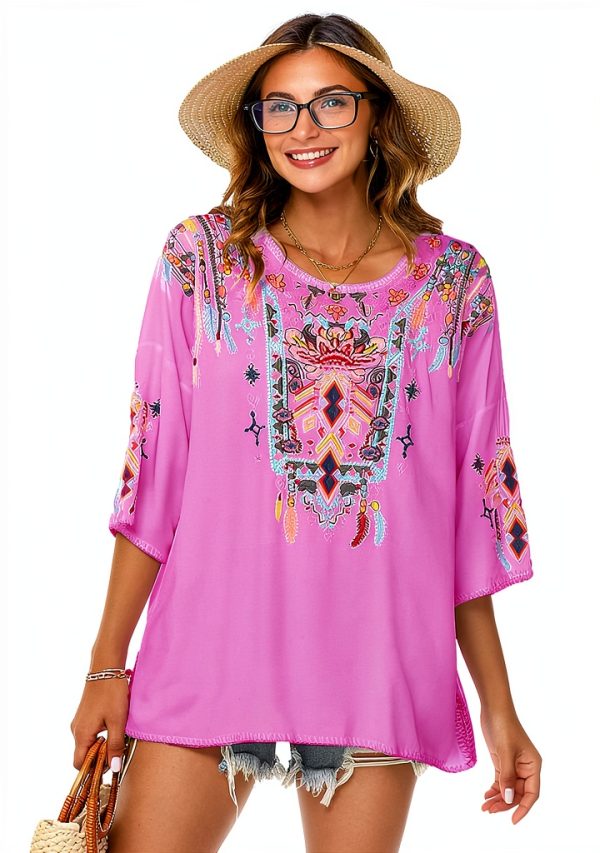 LauraKlein Women Mexican Embroidered Shirt for Women Bohemian Style Top Blouse 3/4 Sleeve Summer Casual Tunics-0