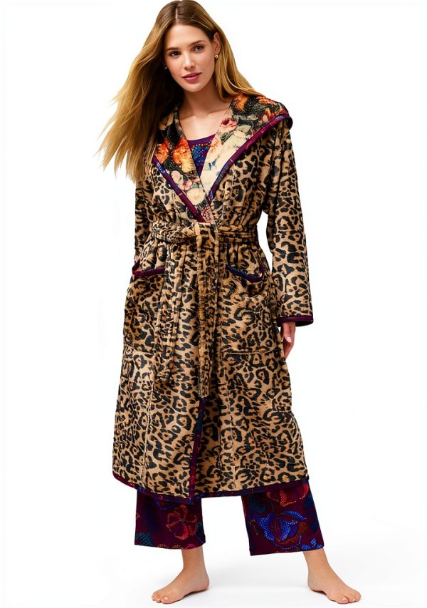 Johnny Was Bellina Leopard Reversible Robe with Floral Brown Large-2