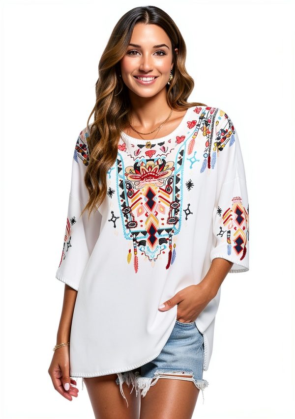 LauraKlein Women Mexican Embroidered Shirt for Women Bohemian Style Top Blouse 3/4 Sleeve Summer Casual Tunics-2