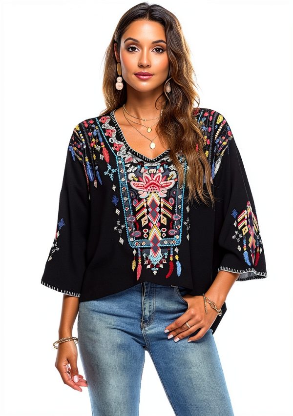 LauraKlein Women Mexican Embroidered Shirt for Women Bohemian Style Top Blouse 3/4 Sleeve Summer Casual Tunics-2