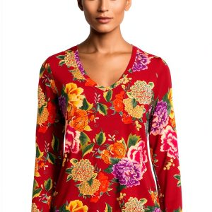 Women Long Sleeve V Neck Tee by Johnny Was Ryuu Flower X Large-0