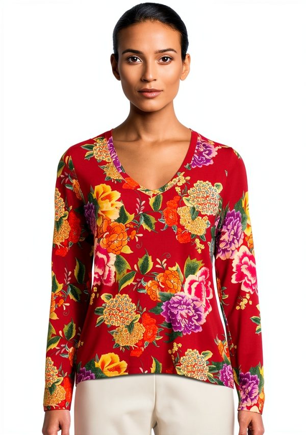 Women Long Sleeve V Neck Tee by Johnny Was Ryuu Flower X Large-0