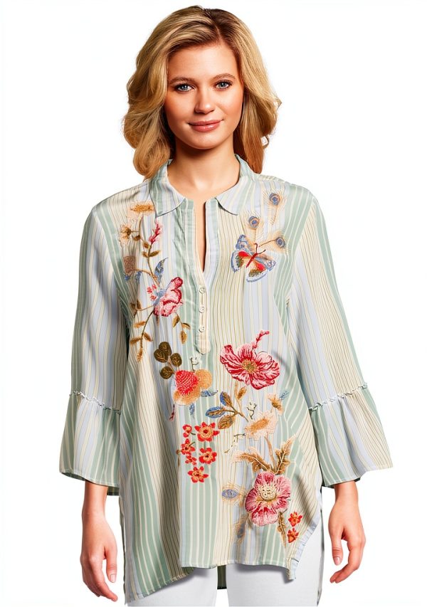 Johnny Was Women's Ruffle Sleeve Henley Tunic - Florrie Zilly Stripe-0