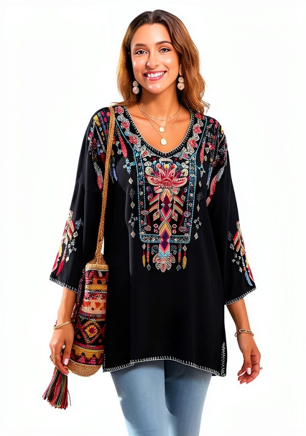 LauraKlein Women Mexican Embroidered Shirt for Women Bohemian Style Top Blouse 3/4 Sleeve Summer Casual Tunics-4
