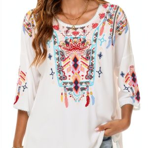 LauraKlein Women Mexican Embroidered Shirt for Women Bohemian Style Top Blouse 3/4 Sleeve Summer Casual Tunics-0