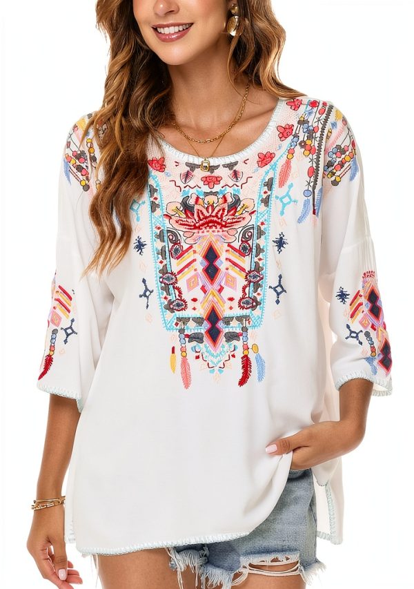 LauraKlein Women Mexican Embroidered Shirt for Women Bohemian Style Top Blouse 3/4 Sleeve Summer Casual Tunics-0