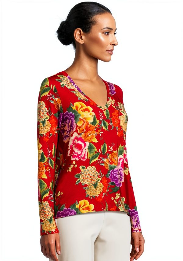 Women Long Sleeve V Neck Tee by Johnny Was Ryuu Flower X Large-1