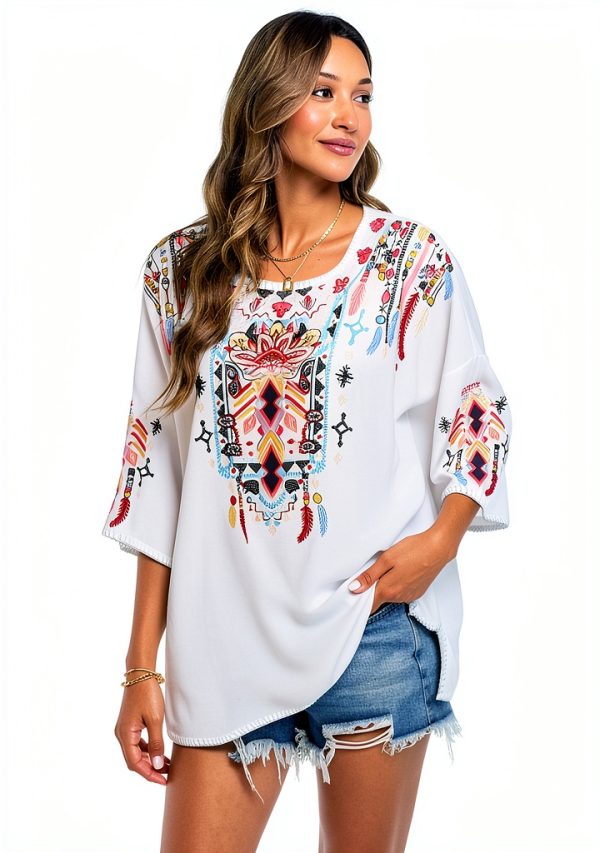 LauraKlein Women Mexican Embroidered Shirt for Women Bohemian Style Top Blouse 3/4 Sleeve Summer Casual Tunics-3