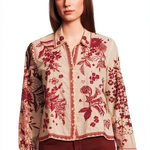 Women's Open Neck Shirt by Johnny Was Aquijio Printed Woven Blouse-0