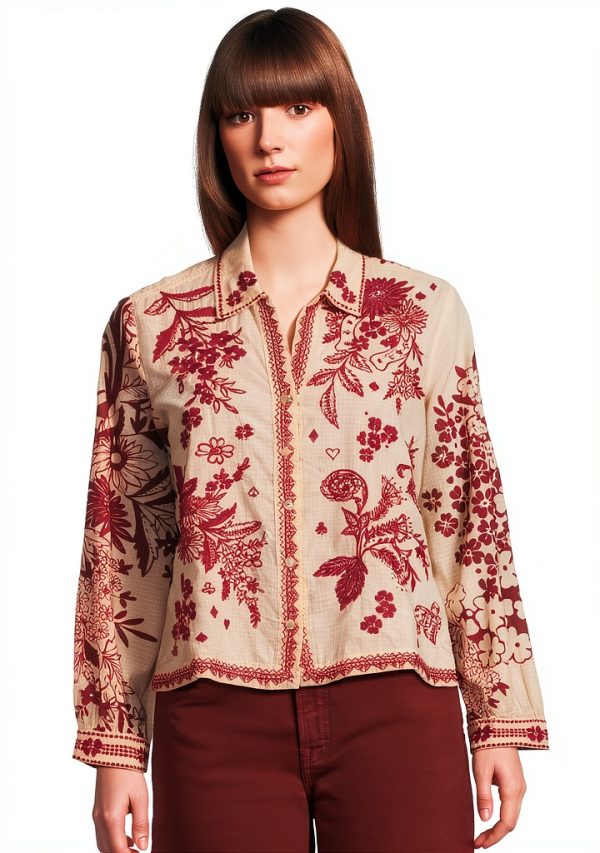 Women's Open Neck Shirt by Johnny Was Aquijio Printed Woven Blouse-0