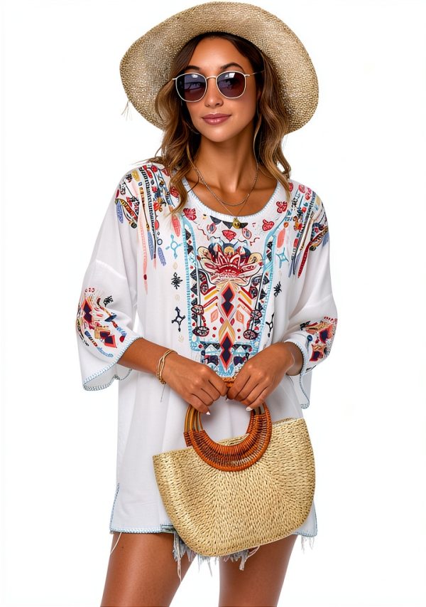 LauraKlein Women Mexican Embroidered Shirt for Women Bohemian Style Top Blouse 3/4 Sleeve Summer Casual Tunics-5